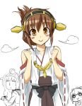  3girls :&gt; blush_stickers brown_hair chibi cosplay costume_switch detached_sleeves folded_ponytail headgear inazuma_(kantai_collection) inazuma_(kantai_collection)_(cosplay) ishii_hisao kantai_collection kongou_(kantai_collection) kongou_(kantai_collection)_(cosplay) multiple_girls white_background yuubari_(kantai_collection) 