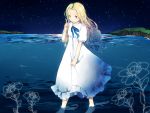  1girl barefoot blonde_hair clothes_grab dress flower highres houmatsu_musume index_finger_raised long_hair looking_at_viewer marnie night night_sky omoide_no_marnie puffy_short_sleeves puffy_sleeves ribbon short_sleeves sky solo star_(sky) starry_sky wading water white_dress 