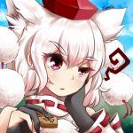  1girl animal_ears bad_id board_game extra_ears fuente hat inubashiri_momiji lowres ribbon-trimmed_sleeves ribbon_trim short_hair shougi tokin_hat touhou violet_eyes white_hair wolf_ears 