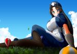  1girl absurdres black_hair blue_eyes boots breasts clouds dress eliza_(yunzo) giantess gloves hat highres hot_air_balloon mgear original sky smile 