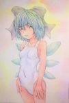  1girl absurdres alternate_costume blue_eyes blue_hair bow casual_one-piece_swimsuit cirno covered_navel cowboy_shot hair_bow highres ice ice_wings looking_at_viewer one-piece_swimsuit parted_lips pink_background short_hair small_breasts solo swimsuit touhou traditional_media watercolor_(medium) white_swimsuit wings yuyu_(00365676) 