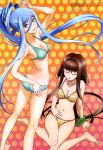  2girls absurdres aoki_hagane_no_arpeggio arpeggio_of_blue_steel bikini blue_eyes blue_hair breasts brown_eyes brown_hair cleavage feet glasses hand_on_hip hiei_(aoki_hagane_no_arpeggio) highres legs long_hair looking_back megami mole multiple_girls official_art personification striped striped_bikini striped_swimsuit swimsuit takao_(aoki_hagane_no_arpeggio) very_long_hair 