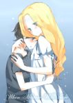  2girls 66ta1yak1 anna_(omoide_no_marnie) blonde_hair blue_eyes blush brown_hair copyright_name dress hand_on_another&#039;s_neck hand_on_another&#039;s_shoulder highres hug long_hair marnie multiple_girls omoide_no_marnie short_hair short_sleeves very_short_hair white_dress yuri 