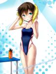  1girl black_hair bottle competition_swimsuit green_eyes highres mizugensui one-piece_swimsuit original standing swimsuit towel water_bottle 