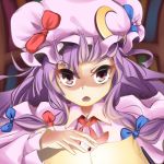  &gt;:o 1girl :o book bow crescent fuente hair_ribbon hat hat_bow long_hair lowres mob_cap patchouli_knowledge purple_hair ribbon tied_hair touhou violet_eyes 