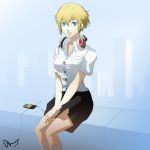  1girl aegis aegis_(persona) atlus blonde_hair blue_eyes commentary cute dh_(brink_of_memories) digital_media_player headphones highres humanization kuma_(persona_4) megami_tensei normal persona persona_3 persona_4 short_hair signature sitting skirt smile solo 