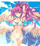  1girl angel angel_wings archangel_metatron_(p&amp;d) arms_behind_head arms_up artist_name bikini blue_eyes blue_sky breasts cleavage clouds collarbone deizzo219 feathered_wings large_breasts lips long_hair midriff mound_of_venus multiple_wings navel one_eye_closed outdoors pink_hair puzzle_&amp;_dragons ribbon side-tie_bikini sky smile solo swimsuit very_long_hair water wavy_hair white_bikini white_ribbon white_swimsuit wings 