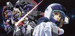  1boy blue_eyes blue_hair energy_sword gundam helmet highres kamille_bidan mecha pilot_suit platin_(alios) science_fiction short_hair solo space sword tears weapon zeta_gundam zeta_gundam_(mobile_suit) 