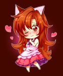  1girl animal_ears bare_shoulders blush breasts brown_background brown_hair collarbone dress imaizumi_kagerou jewelry kuroshiroduet long_hair looking_at_viewer one_eye_closed red_eyes simple_background solo tail touhou wolf_ears wolf_tail 