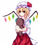  1girl blonde_hair crossed_arms doll_hug dress flandre_scarlet hat hat_ribbon looking_at_viewer meng_xiao_jiong mob_cap pink_eyes puffy_short_sleeves puffy_sleeves red_dress ribbon sash shirt short_sleeves side_ponytail solo stuffed_animal stuffed_toy teddy_bear touhou wings 