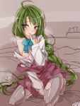  ahoge between_thighs blue_eyes blush braid finger_to_mouth green_eyes grey_legwear kantai_collection licking licking_self long_hair mole mtu_(orewamuzituda) off_shoulder pantyhose sitting sketch torn_clothes torn_pantyhose twin_braids very_long_hair wariza yuugumo_(kantai_collection) 