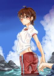  1girl barakamon beach blush brown_hair gym_uniform handa_seishuu highres holding_hands japanese_clothes jinbei_(clothes) looking_back pants rock short_hair smile toriol_3 track_pants wading water wet yamamura_miwa 