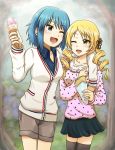  2girls ;d athyra blonde_hair blouse blue_eyes blue_hair cardigan casual crepe drill_hair food ice_cream ice_cream_cone mahou_shoujo_madoka_magica miki_sayaka multiple_girls one_eye_closed open_mouth polka_dot_shirt short_hair shorts smile thigh-highs tomoe_mami twin_drills yellow_eyes zettai_ryouiki 