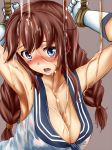  1girl armpits arms_up blue_eyes blush braid breasts brown_hair bust cleavage collarbone gloves ishii_hisao kantai_collection long_hair noshiro_(kantai_collection) open_mouth restrained school_uniform serafuku solo twin_braids wet wet_clothes white_gloves 