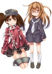  2girls brown_eyes brown_hair chestnut_mouth glasses grin kantai_collection looking_at_viewer mochizuki_(kantai_collection) moon multiple_girls neriwasabi open_mouth ryuujou_(kantai_collection) sleeves_past_wrists smile twintails visor_cap 