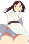  1girl accho_(macchonburike) arms_behind_back breasts brown_hair dress hair_bobbles hair_ornament large_breasts long_hair looking_at_viewer original panties pantyshot pantyshot_(standing) red_eyes simple_background solo standing twintails underwear white_background white_panties 