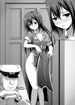  1boy 1girl breasts chikuma_(kantai_collection) cleavage commentary crying crying_with_eyes_open highres kantai_collection long_hair monochrome skirt skirt_lift spaghe tears trembling 
