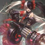  absurdres bare_shoulders black_hair blade_&amp;_soul blue_eyes buckle collar eyepatch fingerless_gloves gatling_gun gauntlets gloves gun hair_between_eyes highres iorlvm lipgloss long_hair multicolored_hair open_mouth pohwaran red_necktie scrunchie shell_casing sleeveless twintails two-tone_hair very_long_hair weapon white_hair 