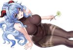  1girl alternate_eye_color arm_support bare_shoulders blue_eyes blue_hair bodysuit breasts brown_bodysuit collarbone commentary covered_navel english_commentary flower from_above ganyu_(genshin_impact) genshin_impact goat_horns hair_between_eyes highres holding holding_flower horns large_breasts long_hair looking_at_viewer open_mouth piukute062 qingxin_flower simple_background sitting smile solo white_background 