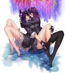  2girls barefoot dress fingerless_gloves flower gloves highres kantai_collection legs multiple_girls necktie pengnangehao purple_hair robot_ears tatsuta_(kantai_collection) tenryuu_(kantai_collection) thighhighs_pull wisteria yellow_eyes yuri 