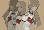  2014_fifa_world_cup 3girls adidas beige_background blue_eyes bob_cut bottle brown_hair edytha_rossmann germany gundula_rall insignia multiple_girls shirono_kuma short_hair simple_background smile soccer soccer_uniform sportswear strike_witches sweat towel waltrud_krupinski water water_bottle wiping_face wiping_sweat world_cup 