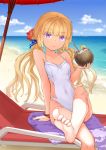  1girl absurdres bare_shoulders barefoot beach beach_chair beach_umbrella blonde_hair bracelet coconut crossed_legs drink feet flower hair_flower hair_ornament highres jewelry long_hair ocean original sky soles solo swimsuit tianna toes twintails violet_eyes water 