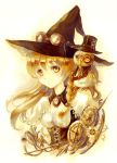  1girl alternate_costume blonde_hair braid clock color_ink_(medium) corset gears goggles goggles_on_hat hat holster keiko_(mitakarawa) key kirisame_marisa long_hair looking_at_viewer monocle pocket_watch solo steampunk top_hat touhou traditional_media watch witch_hat yellow_eyes 