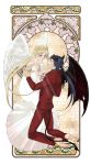 1boy 1girl angel angel_and_devil angel_wings aqua_eyes art_nouveau azu_(asler23615) bare_shoulders barefoot bishoujo_senshi_sailor_moon black_hair blonde_hair blurry demon_tail demon_wings detached_sleeves devil double_bun dress facial_mark feathered_wings fingernails flower forehead_mark formal full_body hair_ornament hairclip halo highres horns kneeling lily_of_the_valley long_fingernails long_toenails looking_at_another pants parted_lips ponytail princess_serenity red_pants rose seiya_kou suit tail tile_background toenails tsukino_usagi twintails white_dress wings 