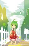  1girl ahoge dress full_body green_eyes green_hair holding lino-lin looking_at_viewer original red_dress short_hair smile solo standing tagme tomato 