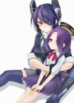  2girls checkered_necktie eyepatch gloves headgear highres hug kantai_collection mechanical_halo multiple_girls necktie purple_hair ribbon short_hair sitting smile tatsuta_(kantai_collection) tenryuu_(kantai_collection) thigh-highs violet_eyes whitecat417 yellow_eyes younger 