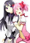  2girls ;d aabtcndneefkg akemi_homura arm_hug black_hair bow bubble_skirt choker gloves hair_bow hairband highres kaname_madoka long_hair looking_at_viewer magical_girl mahou_shoujo_madoka_magica multiple_girls one_eye_closed open_mouth pink_eyes pink_hair short_hair short_twintails simple_background smile twintails violet_eyes white_background white_gloves yuri 