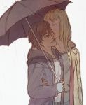  2girls blonde_hair blush brown_hair cheek_kiss heart jess_(jelee) kazama_asuka kiss lili_(tekken) multiple_girls one_eye_closed rain shared_umbrella spoken_heart tekken umbrella yuri 