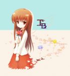  1girl brown_eyes brown_hair character_name copyright_name field flower flower_field holding ib ib_(ib) long_hair looking_at_viewer rose simple_background smile solo tagme two-tone_background zimajiang 