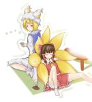  ... 2girls ascot blonde_hair blush bow brown_hair dress hair_bow hair_tubes hakurei_reimu hat multiple_girls open_mouth sakazuki short_hair sleeping sleeping_on_person socks soukitsu sweatdrop table tail tail_hug touhou yakumo_ran yellow_eyes 