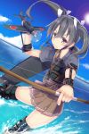  &gt;:) 1girl a6m_zero airplane blue_sky boots bow_(weapon) brown_skirt camouflage grey_hair hakama_skirt highres japanese_clothes kantai_collection looking_at_viewer muneate ocean okuri_banto pleated_skirt skirt sky sun thigh-highs thigh_boots twintails weapon zuikaku_(kantai_collection) 