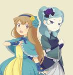  2girls aqua_hair beta_(inazuma_eleven) brown_eyes brown_hair capelet dress flower hair_flower hair_ornament hairband inazuma_eleven_(series) inazuma_eleven_go inazuma_eleven_go_chrono_stone long_hair looking_at_viewer multiple_girls nanobana_kinako no_pupils open_mouth simple_background smile 