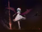  1girl barefoot blue_hair capelet dress from_behind hat hi-yo outstretched_arms remilia_scarlet short_hair solo spear_the_gungnir spread_arms standing touhou wings 