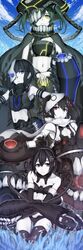  4girls absurdres arm_cannon bangs black_hair blue_eyes blunt_bangs bodysuit chi-class_torpedo_cruiser covered_navel dark_persona glowing glowing_eye green_hair haguro_(kantai_collection) hair_ornament he-class_light_cruiser headgear heisei_yutorin highres kantai_collection kitakami_(kantai_collection) looking_at_viewer mask midriff multiple_girls muneate navel pale_skin red_eyes ri-class_heavy_cruiser scarf sendai_(kantai_collection) shinkaisei-kan short_hair thigh-highs twintails two_side_up violet_eyes weapon white_scarf wo-class_aircraft_carrier zuikaku_(kantai_collection) 