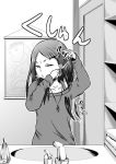  1girl bathroom comic cutting_hair failure i_am_homeko jewelry kobayakawa_rinko long_hair love_plus monochrome necklace off-shoulder_sweater sneezing solo sweater 