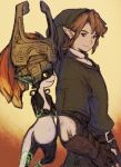  blonde_hair blue_eyes crossed_arms hand_on_hip hat helmet link maekakekamen midna pointy_ears red_eyes sepia smile the_legend_of_zelda twilight_princess 