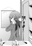  1girl bathroom comic cutting_hair i_am_homeko jewelry kobayakawa_rinko long_hair love_plus monochrome necklace off-shoulder_sweater scissors solo sweater 