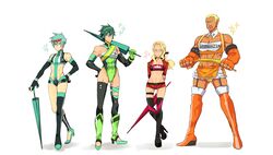  4boys absurdres asymmetrical_legwear blonde_hair blue_hair boots crop_top crossdressinging detached_sleeves ebippoid gamagoori_ira gloves green_hair hairband high_heels highres inumuta_houka iori_shirou jacket kill_la_kill leotard male midriff multiple_boys muscle ponytail racequeen sanageyama_uzu short_shorts shorts skirt sunglasses sunglasses_on_head thigh-highs thigh_boots umbrella white_background 