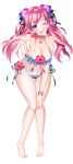  1girl ;d aile_(crossroads) bare_legs bare_shoulders barefoot blue_eyes bracelet breasts cleavage flower hair_flower hair_ornament hand_on_knee jewelry kaku-san-sei_million_arthur long_hair looking_at_viewer navel necklace official_art one_eye_closed open_mouth outstretched_hand pink_hair smile solo standing thigh_gap twintails white_background 
