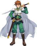  1boy alicesoft armor boots brown_eyes brown_hair cape grin happy highres orion_(orionproject) pants rance rance_(series) short_hair smile sword transparent_background warrior weapon 