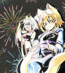  2girls absurdres alternate_costume animal_ears blonde_hair breasts candy_apple colored_pencil_(medium) eyelashes fang fireworks fox_ears fox_tail goku_(acoloredpencil) hair_ornament highres inubashiri_momiji japanese_clothes kimono looking_at_viewer multiple_girls multiple_tails no_hat obi open_mouth pointing red_eyes sash silver_hair sitting slit_pupils smile tail touhou traditional_media wolf_ears wolf_tail yakumo_ran yellow_eyes yukata 