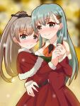  2girls aqua_eyes aqua_hair ascot blurry blurry_background brown_hair capelet commentary_request dress fur-trimmed_capelet fur-trimmed_dress fur_trim green_eyes hair_ornament hairclip highres holding holding_clothes kantai_collection long_hair looking_at_viewer multiple_girls official_alternate_costume orange_ascot ponytail red_capelet red_dress sawatani_(chevalier_04056) smile suzuya_(kancolle) 
