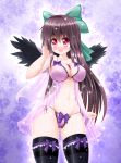  1girl absurdres babydoll bird_wings black_legwear black_wings blush bow bow_legwear bow_panties bra breasts brown_hair cleavage collarbone fang feathered_wings hair_bow hand_in_hair heart heart-shaped_pupils highres lace-trimmed_bra lace-trimmed_panties large_breasts long_hair open_mouth panties purple_background purple_panties red_eyes reiuji_utsuho revision see-through side-tie_panties skindentation solo symbol-shaped_pupils thigh-highs third_eye touhou underwear underwear_only very_long_hair wings wisp_d 