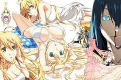  1girl 2boys :3 ? ahoge antenna_hair arms_up bare_shoulders bikini blonde_hair blood blue_eyes blue_hair breasts chibi cleavage dies_irae dress foreshortening glowing glowing_eye green_eyes hair_between_eyes hair_tucking innertube kimura_(ykimu) large_breasts lying marie_(dies_irae) mercurius_(dies_irae) multiple_boys nosebleed on_back open_mouth reinhard_tristan_eugen_heydrich side-tie_bikini smile string_bikini swimsuit white_bikini white_swimsuit 