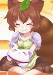  1girl :3 ^_^ animal_ears aoi_tobira blush brown_hair closed_eyes futatsuiwa_mamizou grin highres indian_style leaf leaf_on_head no_glasses raccoon_ears raccoon_tail sitting smile tail touhou younger 