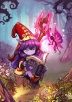  1girl ask_(dreaming_cat) blush book boots dress flower forest glowing grass hair_between_eyes hat holding holding_book league_of_legends long_hair lulu_(league_of_legends) narrowed_eyes nature open_book outdoors pix pointy_ears purple_hair purple_skin reading red_dress short_dress sitting staff tree tree_stump violet_eyes wide_sleeves witch_hat yordle 